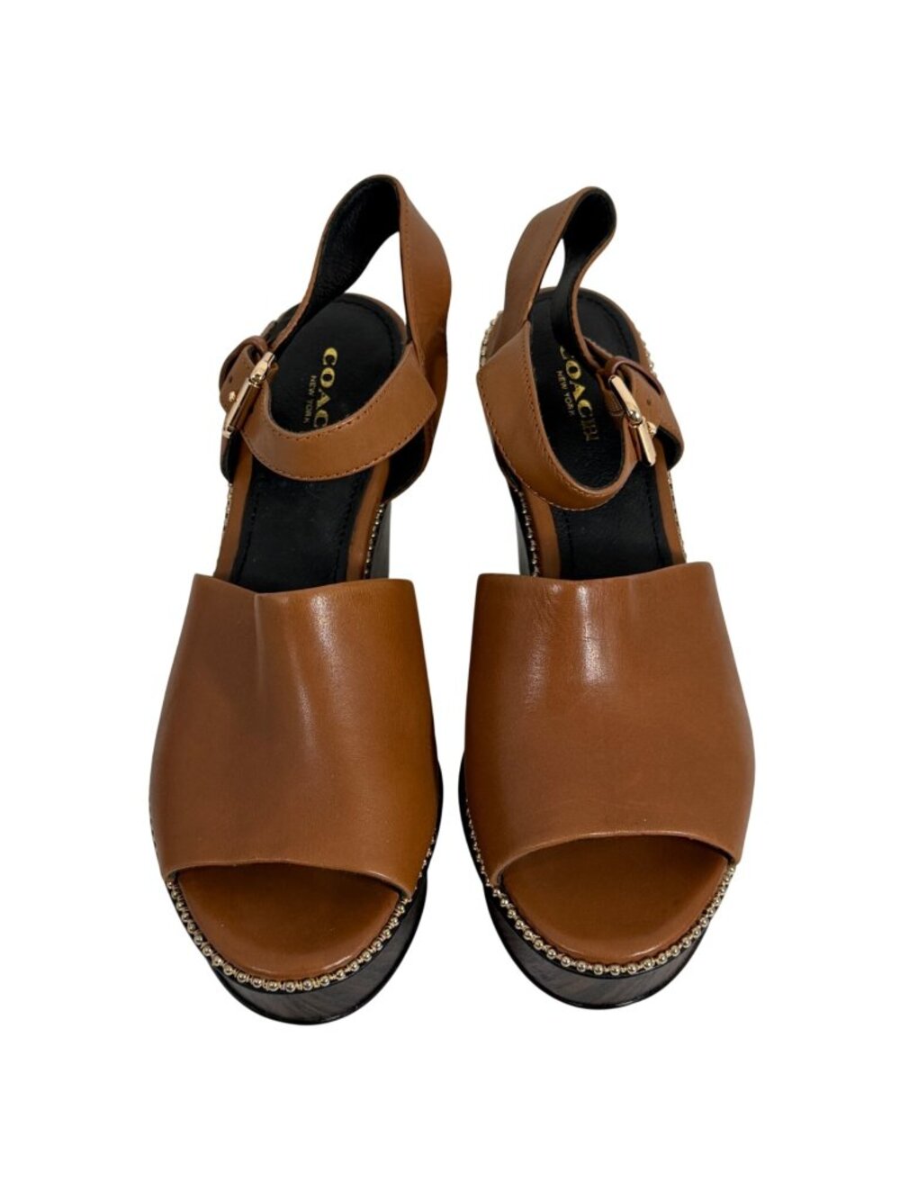 Coach Harla Platform Wooden Wedge Leather Sandals w/ Bead Chain Trim SZ 7.5B EUC